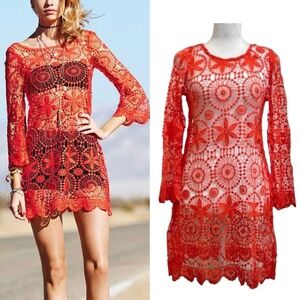 Coachella H&M Dress/Cover-Up Lace Crochet Retro Vibe Coral Long‎ Sleeve Size  M